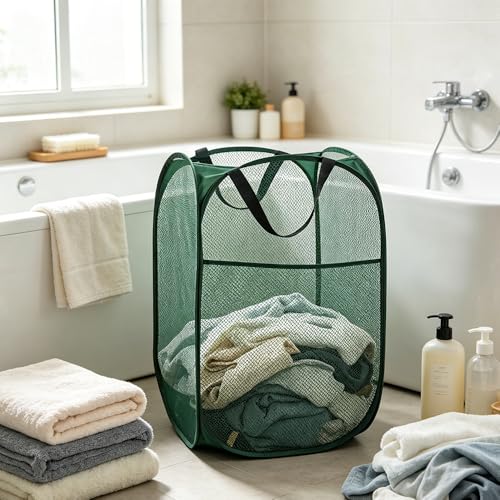 Image of Larpur Pop Up Laundry Hamper Collapsible Mesh Clothes Basket, Dark Green | Portable Laundry Hamper Foldable Dirty Clothes Hamper Storage for Home, Dorm, Travel, Cruise