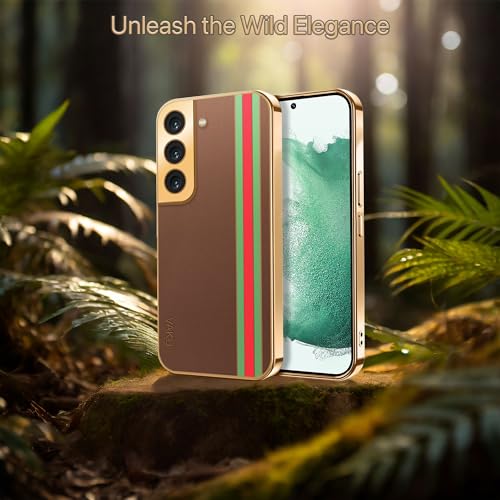 Image of Vaku Luxos Felix Line Back Cover for Samsung Galaxy S22 5G with Leather Pattern Gold Electroplated Soft TPU Cover Shockproof Protective Case - Brown