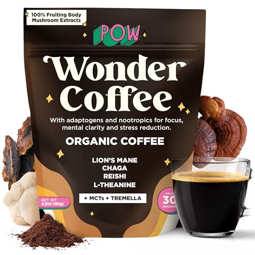 POW Wonder Coffee – Premium Adaptogenic Mushroom Coffee for Focus & Calm Energy with Lion’s Mane, Chaga, Reishi, Tremella & L-Theanine (50 mg Caffeine, 28 Servings) – Smooth Flavor, No Jitters, Vegan