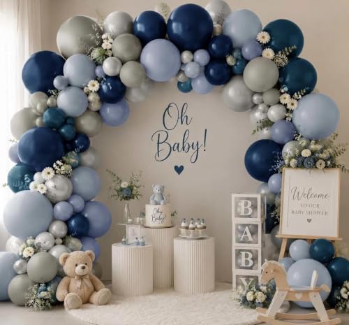 Image of Blue Balloon Arch Kit Double Stuffed Navy Pearl Grey Blue Latex Balloons | blue grey balloon arch dusty fog light blue balloon garland for birthday jean baby shower gender reveal bridal shower decor