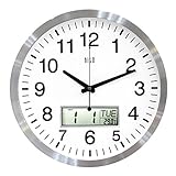 hito Silent Wall Clock Non Ticking 14 inch Large Oversized Date Day Indoor Temperature, Excellent Accurate Sweep Movement Silver Aluminum Frame, Decorative for Living Room, Bedroom, Office (LCD-S)