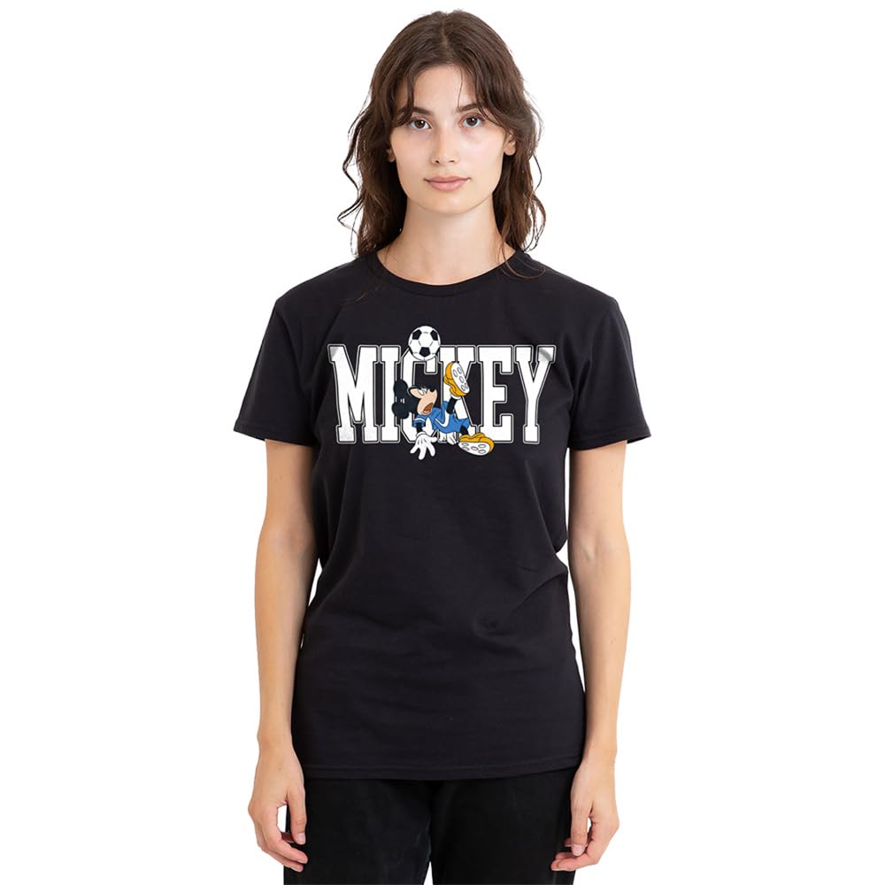 Disney Mickey Mouse Football Kick Ladies T Shirt, Black, Medium