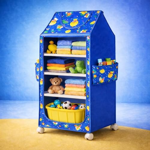 Image of Multipurpose Baby Wardrobe Organizer with 4 Shelves | Baby Clothes Organizer & Storage | Baby Almirah /Almera Plastic Cupboard for Clothes, Foldable (Unbreakable Material) | Royal Blue
