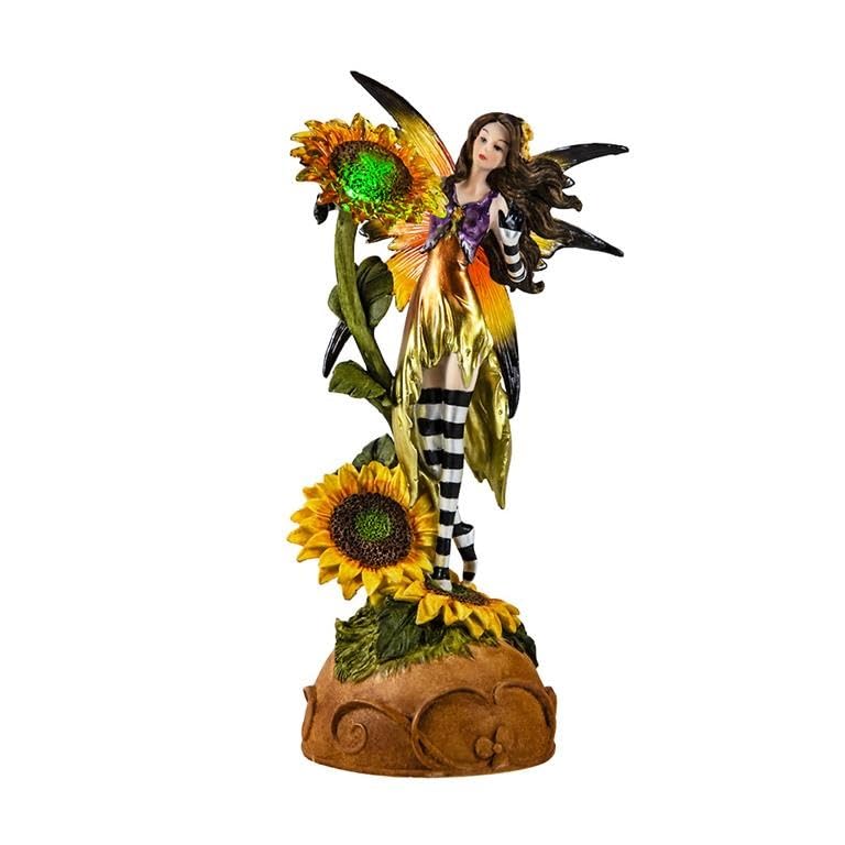 DRW Figura Hada NINFA Rosa con luz sobre Girasoles de Resina Pintada a Mano 8x10x23 cm