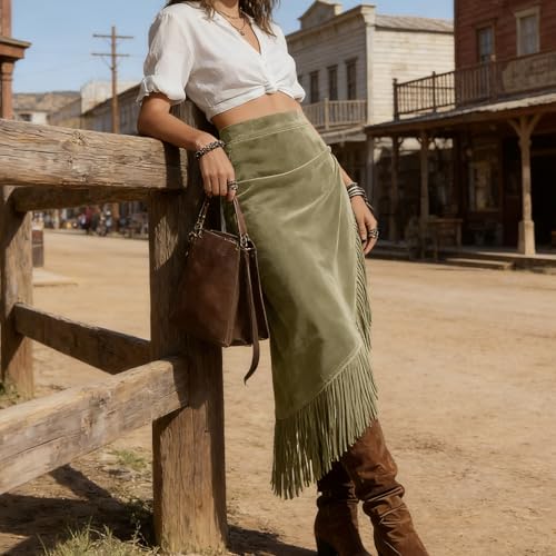 Jupe à franges en daim au style patchwork unique pour femme