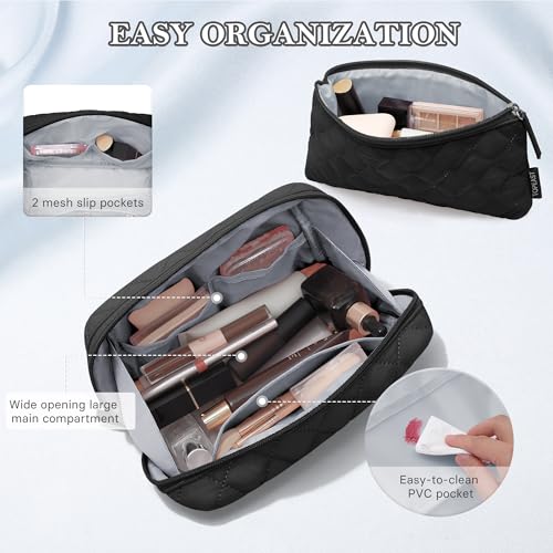 TOPEAST Makeup Bag for Women, Quilted Travel Cosmetic Bag Large Capacity Puffy Make Up Bag Pouch, Open Flat Waterproof Toiletry Bags Organizer for Traveling, Black4
