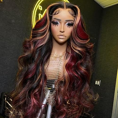 Beauty Forever Multi Color Highlights 13X4 Lace Front Red and Loose Wave Wig, Transparent Lace Front Wig Black with Red and Blonde Highlights Human Hair Wig 150% Density 18 Inch