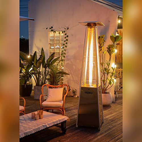 KEKAI Kekai Basil Gasofen für Terrasse, Außenbereich, Pyramiden-Design und Räder, 13 kW, 52 x 52 x 227 cm, Regler und Schlauch, Farbe Edelstahl