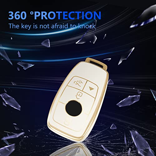 For Mercedes Benz Key Fob Cover Car Key Case Shell With Gold Keychain Fit Mercedes Benz E S A C G Class 2017-2022(White) #TOP4