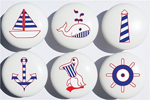 Presto Wall Decals Red and Navy Blue Nautical Drawer Pulls Ceramic Cabinet Knobs Nursery Decor Set of 6 (Red and Navy Blue)
