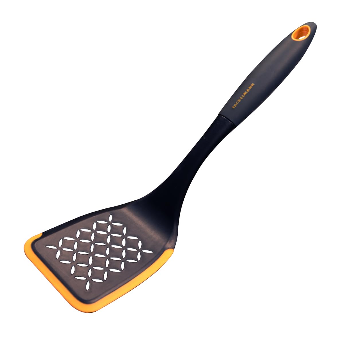 Fackelmann 40399 Perforated Nylon Fry Scoop with Silicone Edge, Approx. 31 x 8.5 cm, Soft Collection, (Colour:Black and Orange), Quantity: 1 Piece