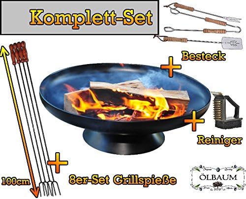 Large Fire Bowl 60 cm Diameter Large with Free Standfestem Stand/Ring Geschweisst Outdoor Range – BBQ, Grill, Campfire, Romantic Garden Lighting Style Lighting Solid Steel with Accessories Set Cutlery and 8 Skewers