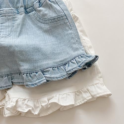 Shorts jeans rodados na cintura elástica com babados e cor lisa para meninas, Azul, 4-5 Anos