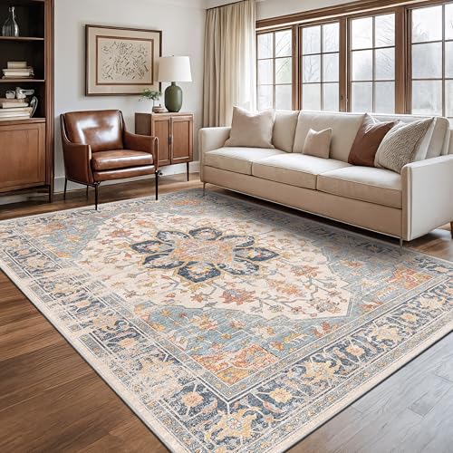 Rugland 6x9 Area Rugs - Stain Resistant Washable Rug, Anti Slip Rugs for Living Room, Vintage Tribal Area Rugs(TPR11-Blue, 6'x9')