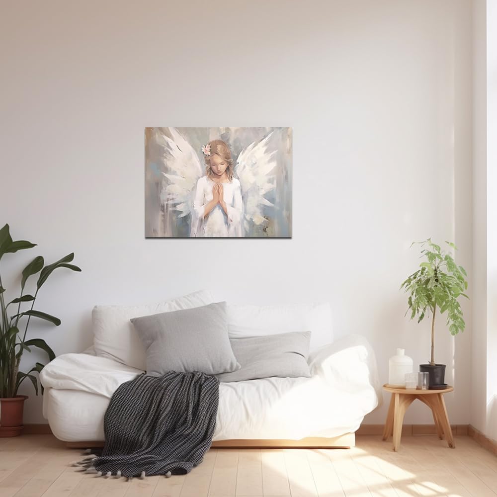 QIXIANG Angel Girl Wall Art - White Angel and Wings Canvas Print, Abstract Painting for Home Decor (16.00" x 24.00")