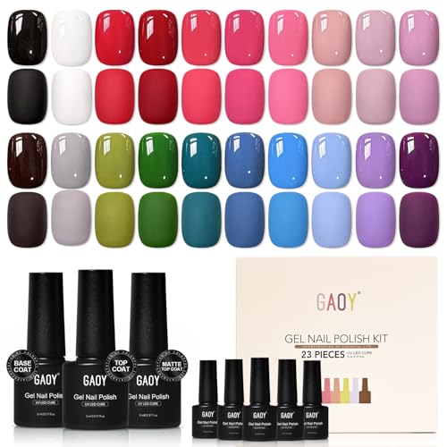 GAOY 23 Pcs Gel Nail Polish Set 20 Colors Gel Polish Kit Red Black White Blue Purple with 3 Pcs Soak off Base Glossy Matte Top Coat for Nail Art DIY Manicure at Home