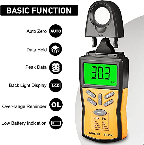 Image of BTMETER Digital Illuminance Light Meter BT-881C, Lumen /FC Photometer Tester | Luxmeter Measure 0.1-200,000 Lux (0.01-20,000 FC) Lights, Bright Tester for Photography Plant Foot Candle, ±3% Accuracy
