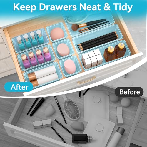 Image of ElegantArray 12-Piece Drawer Organizer Set, 4 Sizes Versatile Plastic Vanity Organizer for Makeup, Stationery, Gadgets, in Kitchen, Bathroom, Office, and Bedroom, Sea Blue