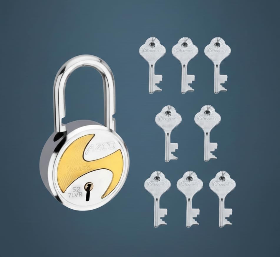 Image of Azco Round Locks Small Size 50mm 8 Keys Padlock | 7 Levers Double Locking | Strong Hardened Shackle | Lock and Key for Home Door Shutter Shop Office Main Gate Pack of 1