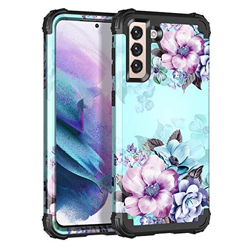 Casetego for Galaxy S21 Plus 5G Case,S21+ 5G Case,Floral Three Layer Heavy Duty Sturdy Shockproof Full Body Protective Cover Case for Samsung Galaxy S21 Plus 5G 6.7 inch,Blue Flower