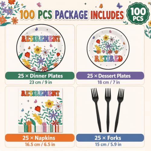 Image of 100 Pcs Flower Retirement Party Plates and Napkins Set Happy Retired Birthday Party Decorations Supplies Paper Dessert Tableware Vintage Farewell Themed Favors for Birthday Decorations Serves 25