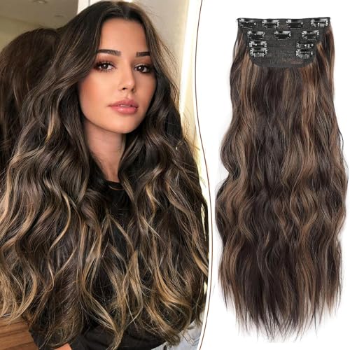 4 Piece Thick Hairpieces Clip in Hair Extensions for Women Synthetic Clip in Long Wavy Hair Extension 20 Inch Double Weft Hairpieces Full Head for Women