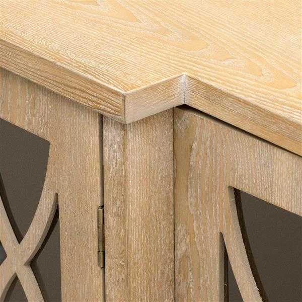 Familienfreundliche Retro Kommode Glastür mit geschwungenem Liniendesign, geräumiger Aufbewahrungsschrank mit schwarzem Griff und drei verstellbaren Regalen für Esszimmer und Küche (Naturholz)