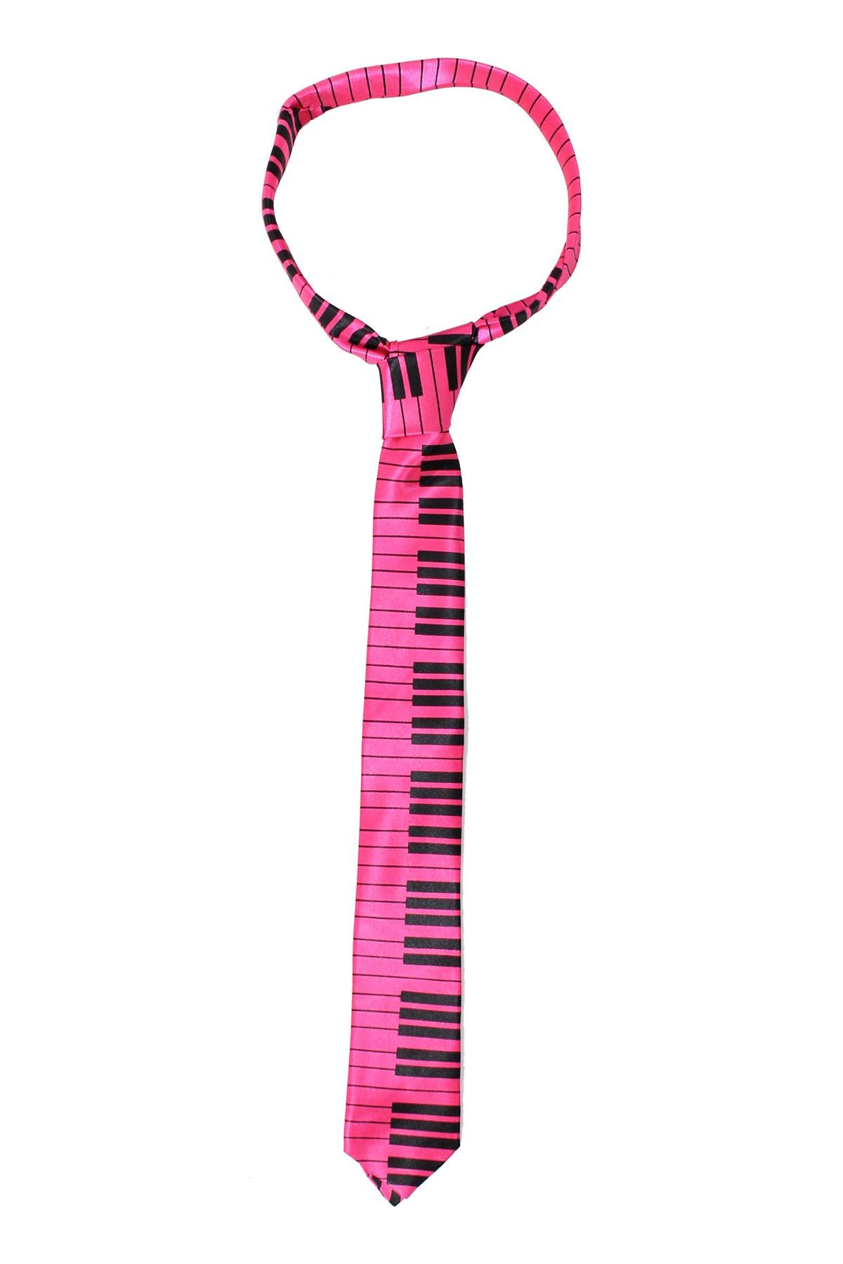 Cravatta rosa con tastiera di pianoforte, cravatta musicale per travestimenti, costumi da palco e anni '80