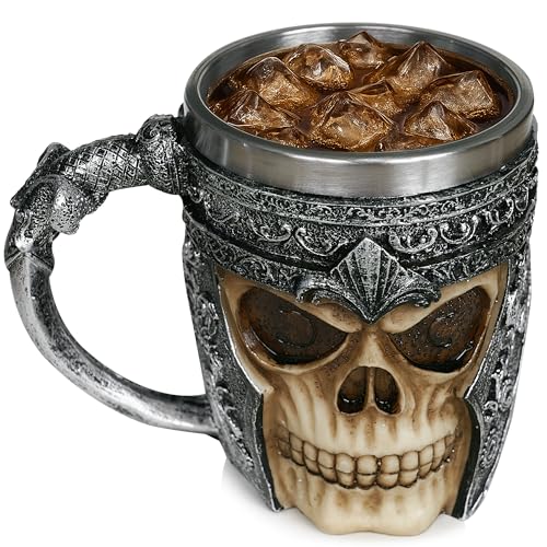 PREMIUM 3D Totenkopf Tasse aus Edelstahl für Getränke wie Kaffee, Tee, Cappuccino, Bier I Wikinger Skull Head Becher mit Skelett Schädel Design Optik (1)