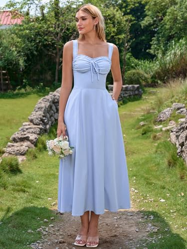 Image of KUTUMAI Floral Corset Midi Dresses for Women 2026 Lace Up Flowy Summer Wedding Guest Dress with Pockets