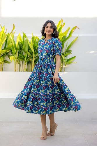 Image of LABEL ADRIJA Pure Cotton Calf Length Midi Dress for Women Floral Print | Flared Anarkali Dress Puff Sleeves