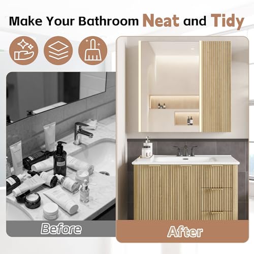 Armario de baño iluminado con espejo, 30 x 28 pulgadas, armario de pared para baño con almacenamiento, luces LED, estantes ajustables, color natural miniatura 5