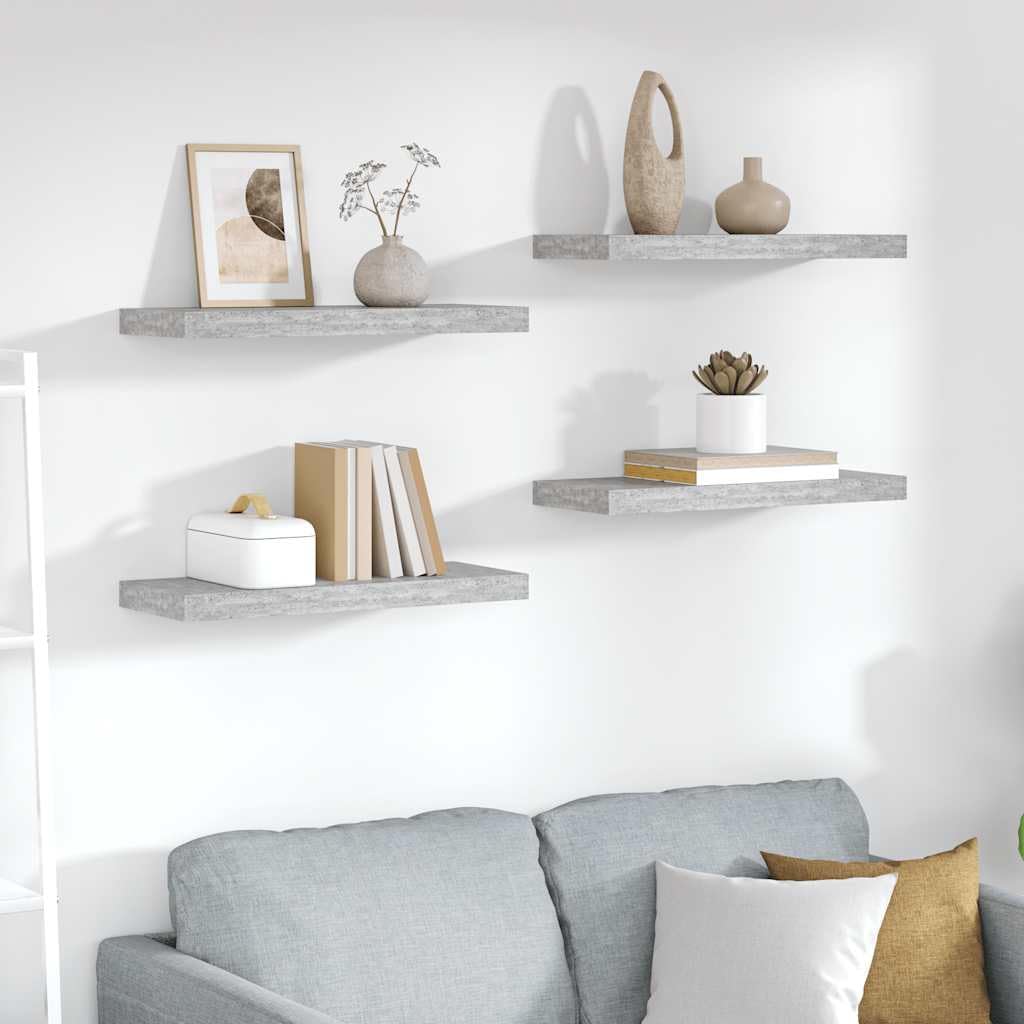 Zestaw 4 półek wiszących, szary beton, 60 x 23,5 x 3,8 cm, płyta MDF, niewidoczne mocowanie na ścianie, nowoczesny design do salonu, sypialni i biura