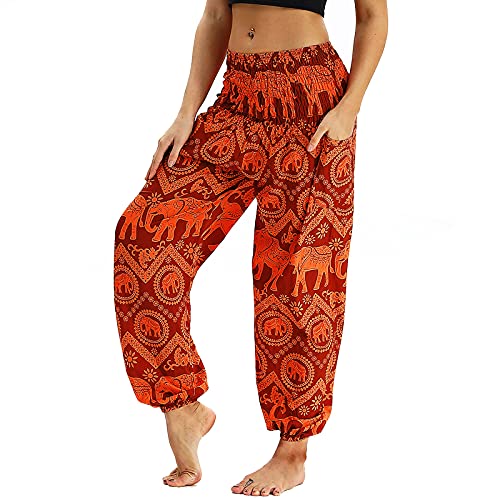 Nuofengkudu Femme Harem Pantalon Sarouel Thaïlandais Hippie Baggy Léger Boho Ethnique Smockée Taille Haute avec Poches Yoga Pants Été Plage ,Orange...