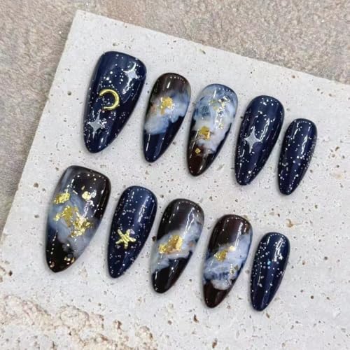 10枚手作り ネイルチップ星空宇宙ミディアムアルモンド付け爪卒業式