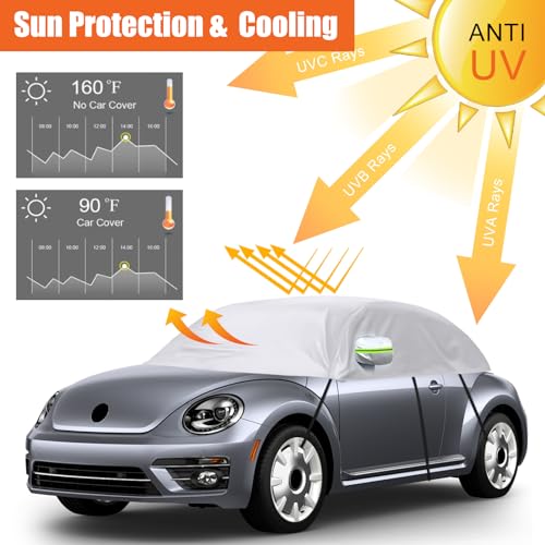 Image of Car Cover Waterproof Replacement for 1998-2019 VW Beetle, Sunproof Half Car Cover, Half Garage UV Resistant Half Car Cover Dustproof Snowproof Outdoor Indoor