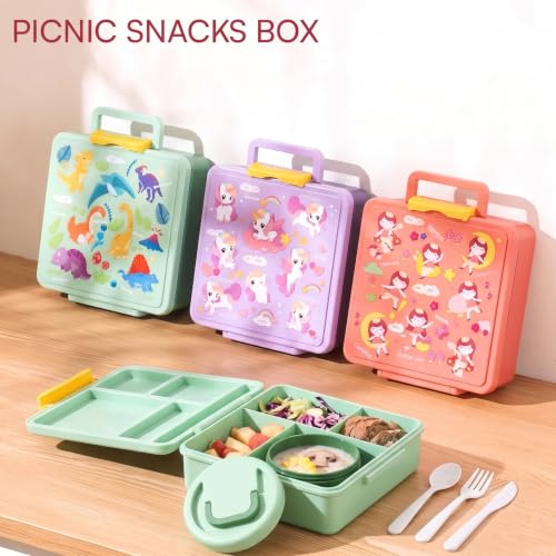Image of House of Quirk 'NomNom' Dinosaur Print Bento Lunch Box, 1800ml with 300ml Removable Bowl, Microwave Safe Lunch Box with Spoon, Fork & Knife for Kids, School, Office, Picnic & Travel (Green)