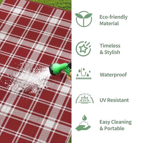 Image of GENIMO Outdoor Rug 3'x5' Waterproof for Porch, Plastic Door Mat Red Plaid | Outside Modern Carpet for Patio Decor, Balcony, Deck, Backyard, Picnic, Camping, RV, Reversible, Foldable, Lightweight