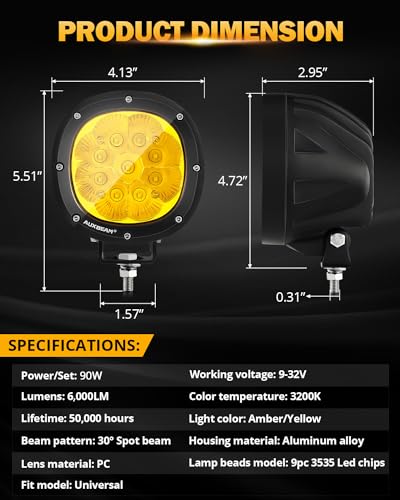 Image of Auxbeam 4In 90W Amber Round Led Offroad Lights 2PCS 9000LM Amber Fog Super Bright Driving Light with Wiring Harness Kit Spot Beam Pod Light for Truck SUV ATV UTV Jeep Wrangler Motorcycle