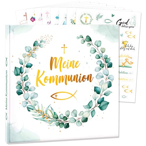 HOWAF Gästebuch Kommunion Eukalyptus Kommunionsbuch zum Ausfüllen Erinnerungsbuch 72 Seiten & Aufkleber Kommunionsgeschenk Kommunion Geschenk für Jungen Mädchen