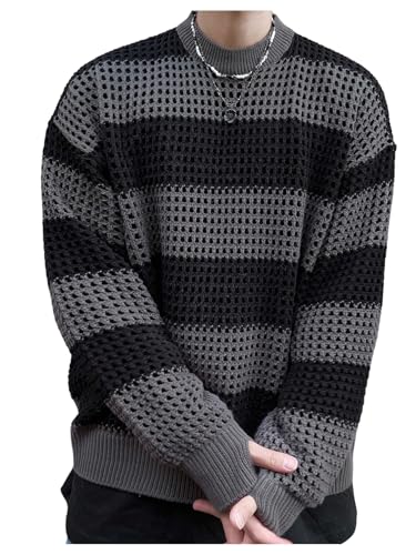 SHENHE Men's Striped Crochet Sweater Hollow Out Crew Neck Color Block Fall Sweater Pullover