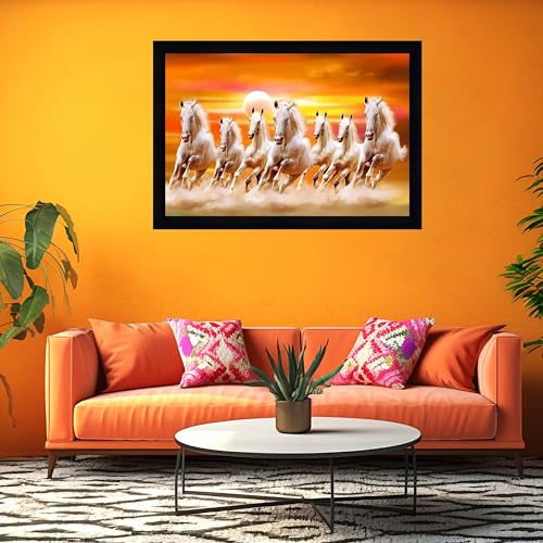 Image of Indianara Vastu Running Seven Horse Painting With Frame 20 Inches X 14 Inches (Style 4)