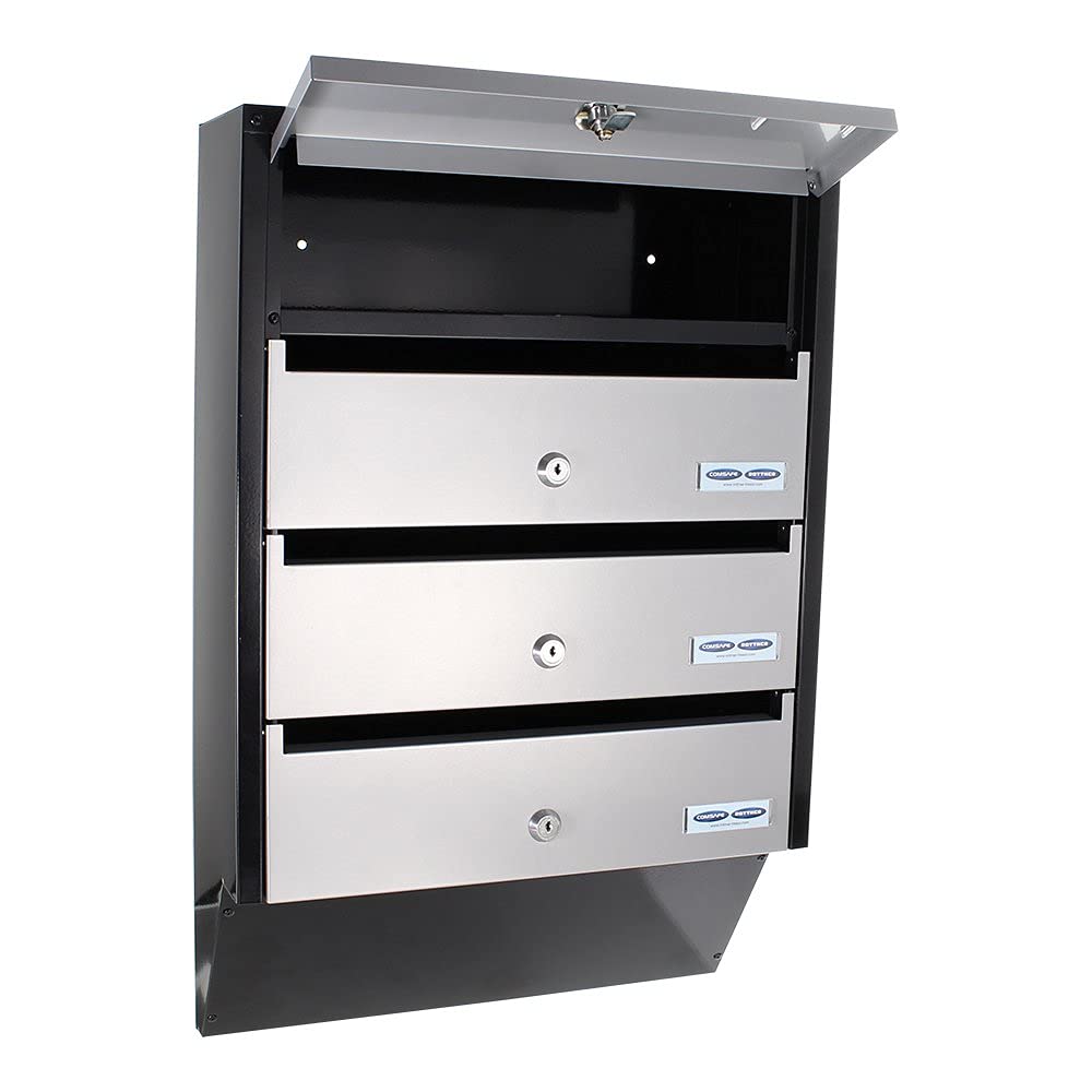 Profirst Cetiri - Cassetta postale in argento nero, lamiera di acciaio, serratura a cilindro, 2 chiavi, HxLxP 600 x 385 x 140 mm, per 4 parti, fissaggio