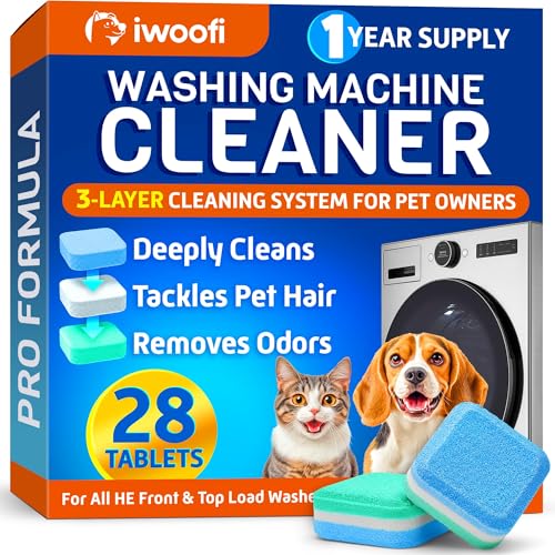 Washing Machine Cleaner Tablets For Pet Owners Pro – Front & Top Load He Washers – 28 Tablets 1-Year Supply – Breaks Down Pet Hair Eliminates Odors & Buildup – Septic Safe Extra-Strength Deep Clean