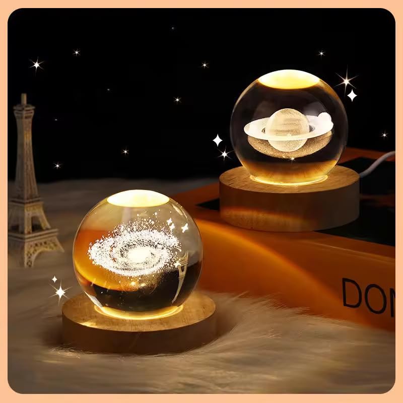 Image of 3D Saturn Crystal Ball Lamp - Solar System Night Light, 3D Saturn Crystal Ball, Galaxy Lamp, Galaxy Crystal Light with USB Powered 3.15 Inch LED Wooden Base, Perfect for Gifts