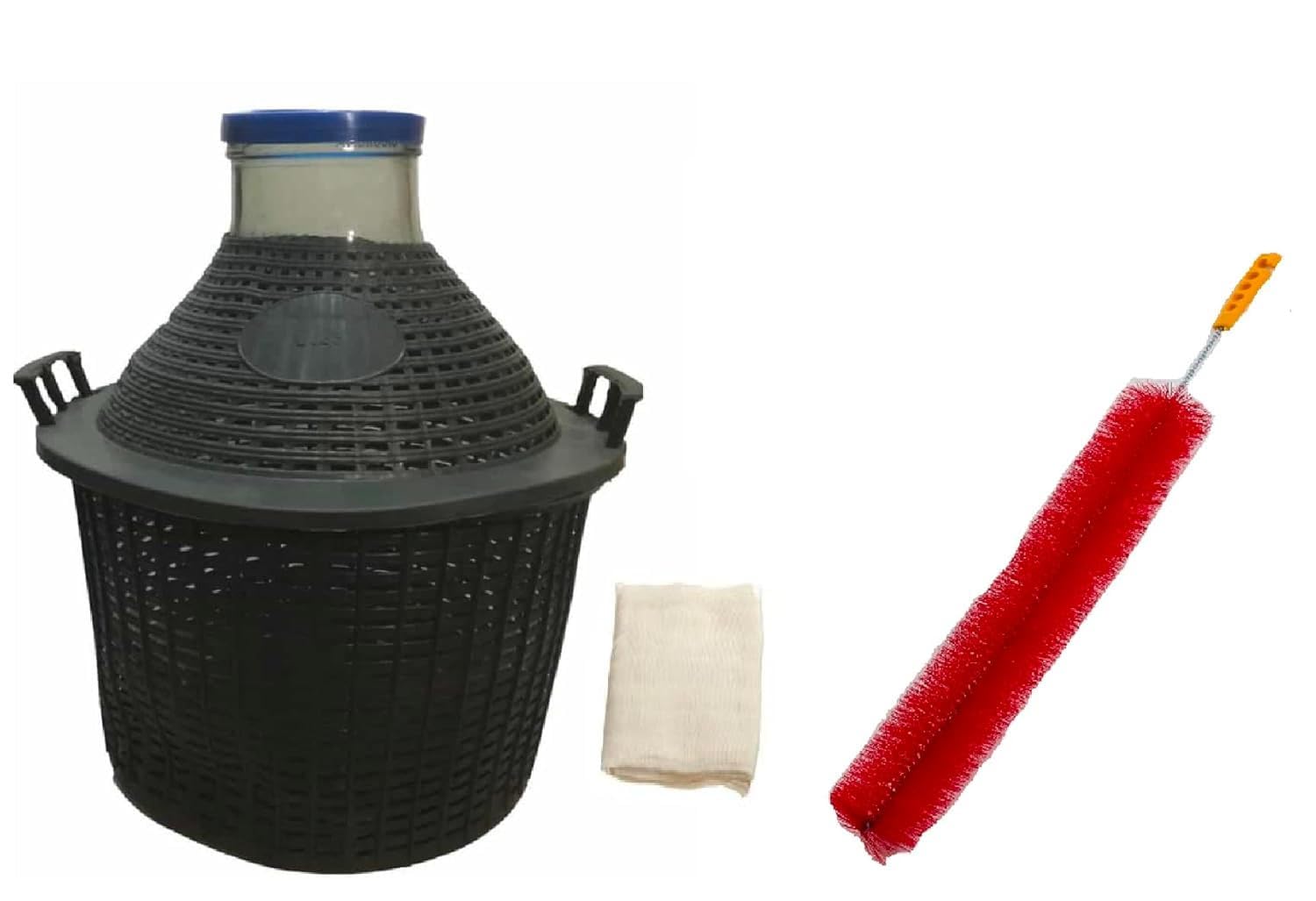 North Mountain Supply Wide Mouth Glass Demijohn with Plastic Basket - 20 Liter (Approx. 5 Gallons) - Includes Cheesecloth, Rubber Band, Cleaning Brush, and Lid