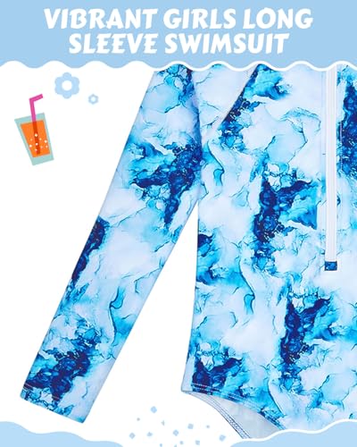 Image of Century Star UPF 50+ Girls Long Sleeve Swimsuit - Rash Guard Swimsuit Toddler Kids Teen One Piece Bathing Suit Zip 2-15Y
