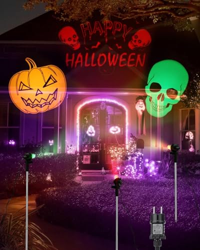 iShabao Halloween Deko Outdoor, Projektionslampe mit Kürbis Totenkopf und Happy Muster, Wasserdicht Halloween Projektor Gartenbeleuchtung für Garten Fenster Wand Terrasse Rasen Hof Party