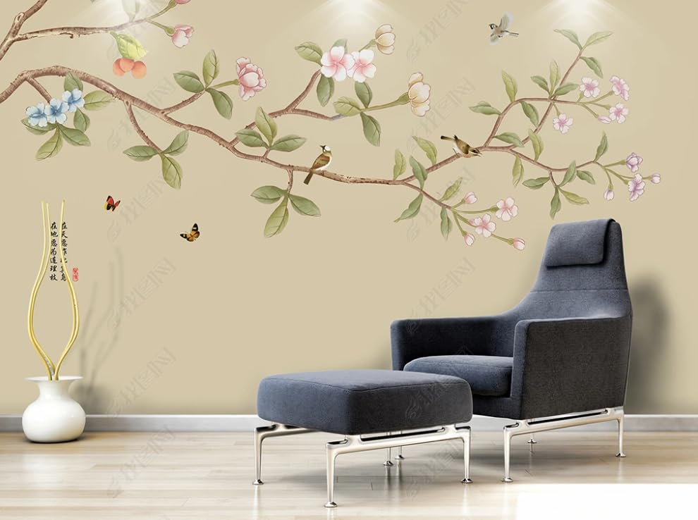 Papier peint intissé fleurs oiseaux dessin main tapisserie haut de gamme