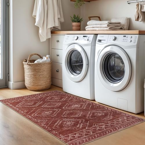KILOCOCO Boho Entryway Rug 3x5 Area Rug Washable Non Slip Throw Rugs Soft for Kitchen Living Room Dining Bedroom Geometric Moroccan Carpet, Burnt Orange/Red